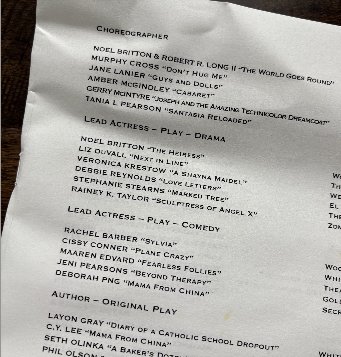 Awards program nominee list: Noel Britton for The Heiress, alongside Debbie Reynolds